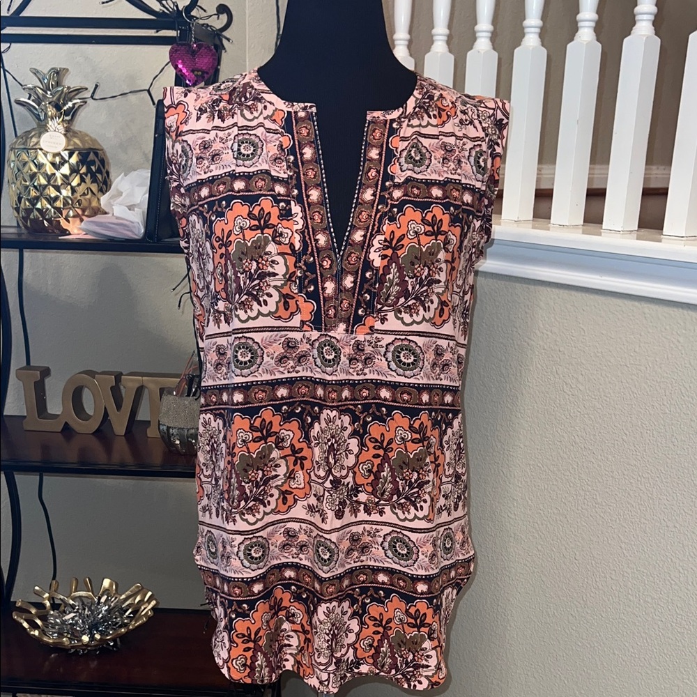 LOFT Sleeveless Paisley Blouse - Orange and Black